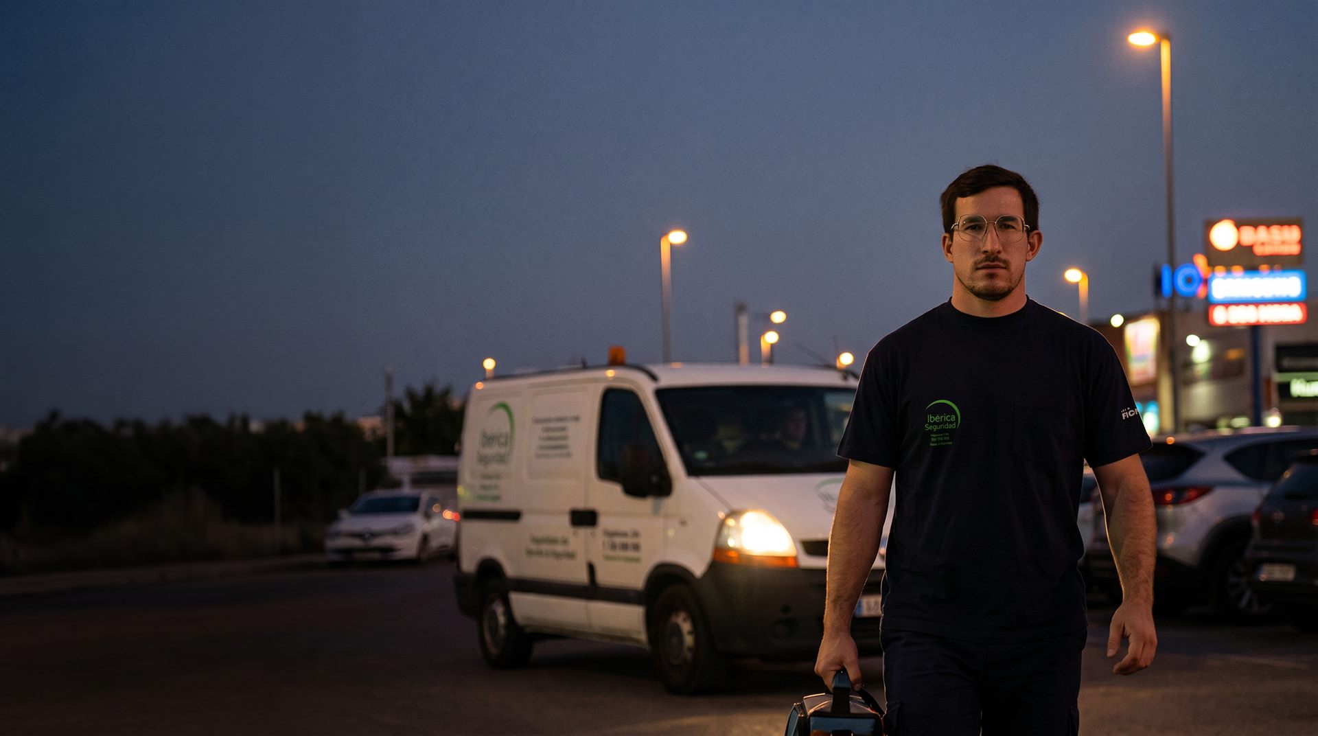 Técnico de Ibérica Seguridad caminando hacia la cámara al anochecer, con la furgoneta rotulada de la empresa detrás y los faros encendidos.