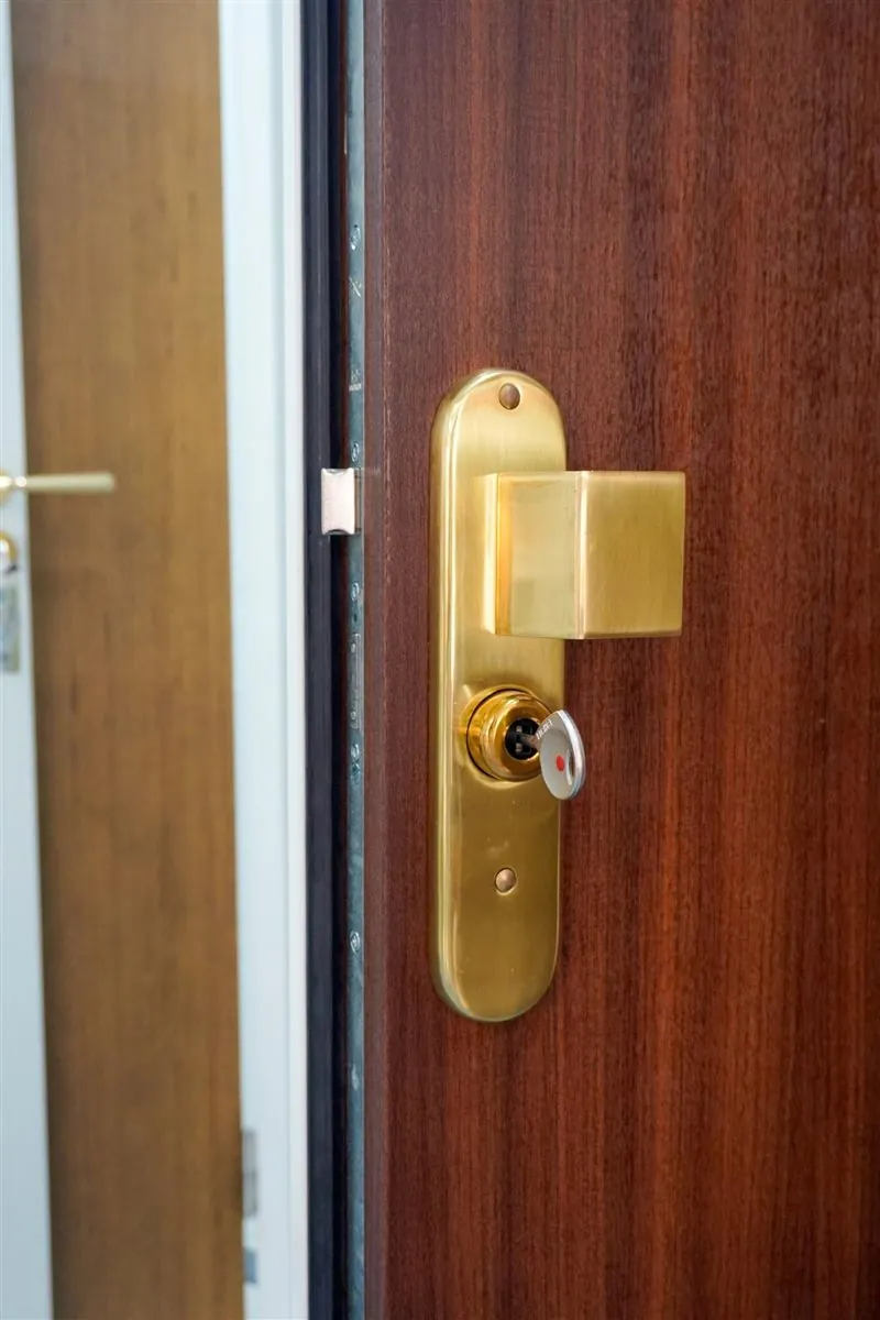 Escudo dorado Fichet con pomo y cilindro de seguridad en una puerta de sapelli entreabierta