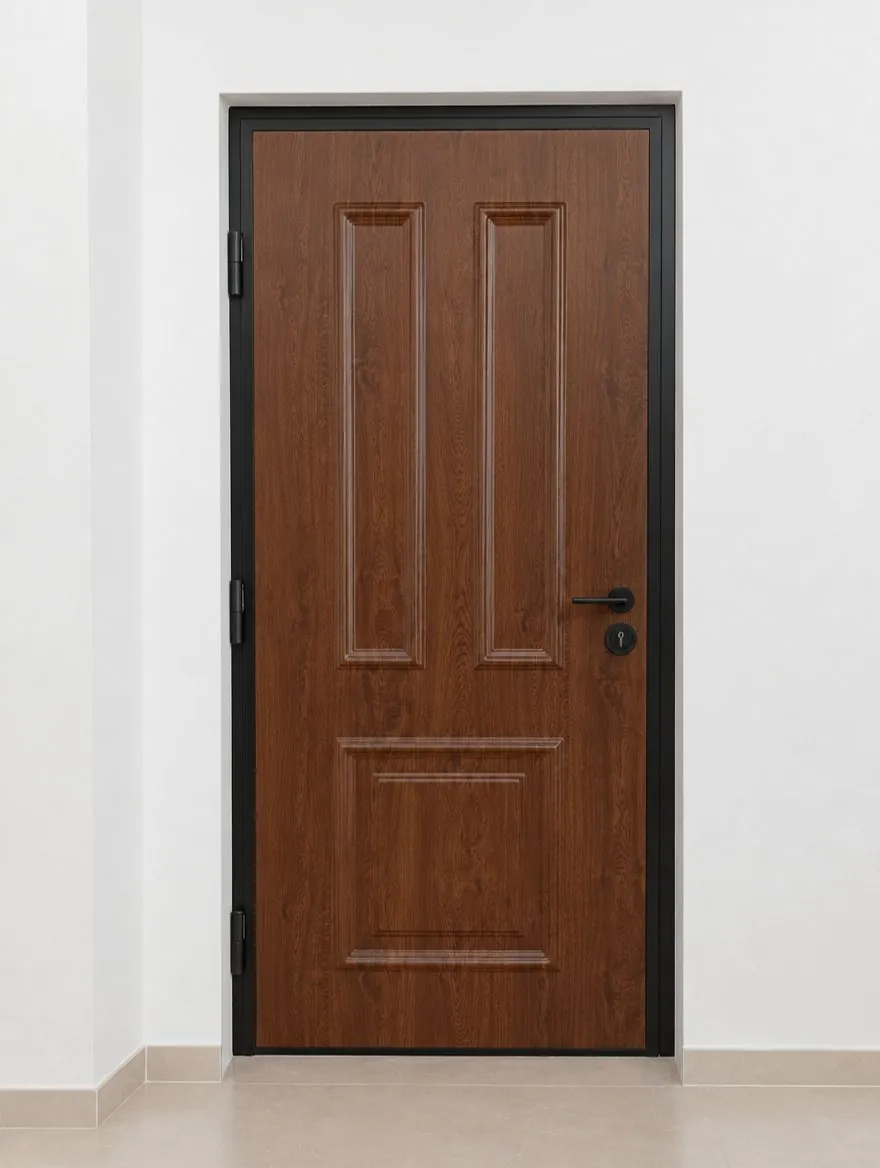 Kiuso KXXI Grado 3 de hoja invertida, con cerco y herrajes negros, instalada en una entrada de casa