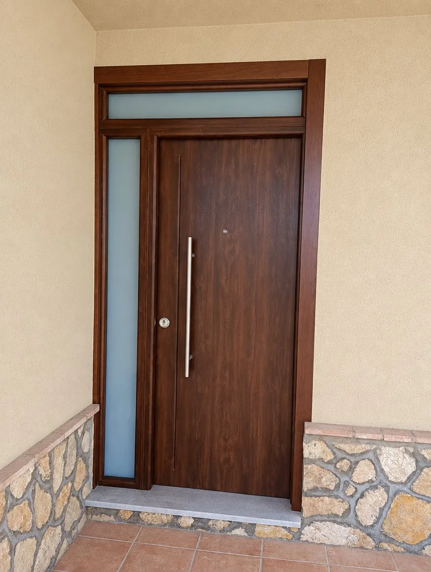 THT Saga 100 en nogal con tirador de barra, lateral y montante de vidrio de seguridad, en la entrada de una casa