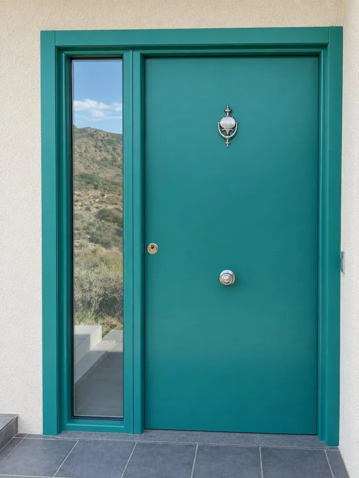 THT Saga 100 lacada en verde con lateral de vidrio de seguridad, aldaba y pomo plateados, en la entrada de una casa de campo